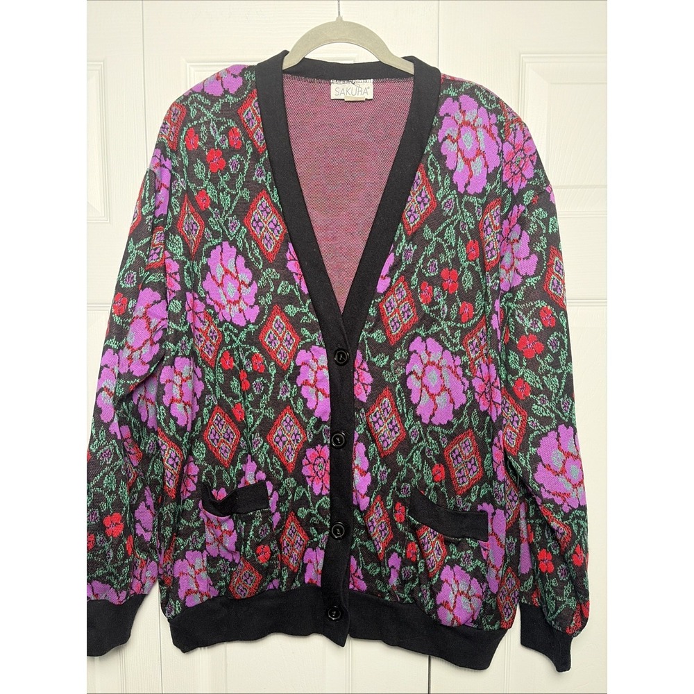 Sakura Vintage Floral Cardigan Womens XL Multi Color Button Up Knit Sweater USA